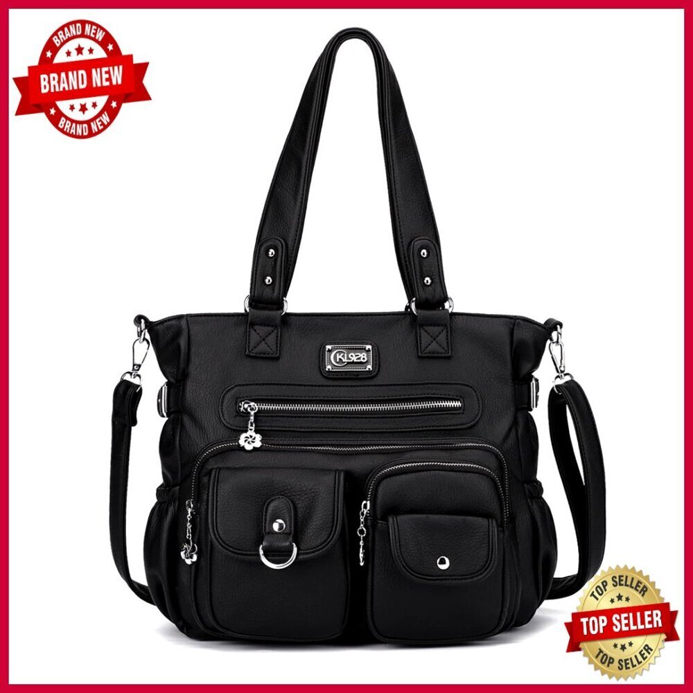 Large Vegan Leather Tote Bag with Detachable Strap, Multiple Pockets